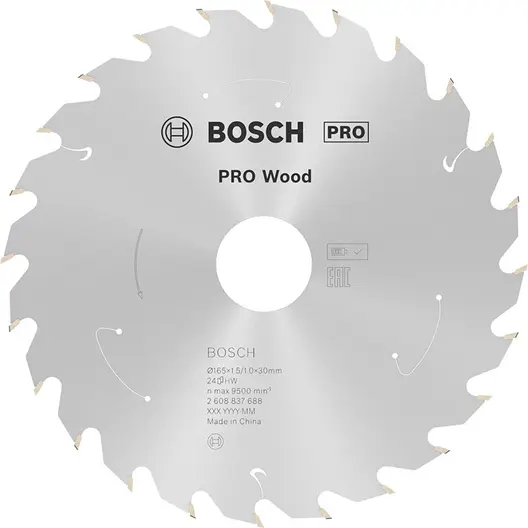 Диск карбиден за рязане Bosch на дърво  165 мм, 30 мм, 1 мм, 24 z, PRO Wood cordless