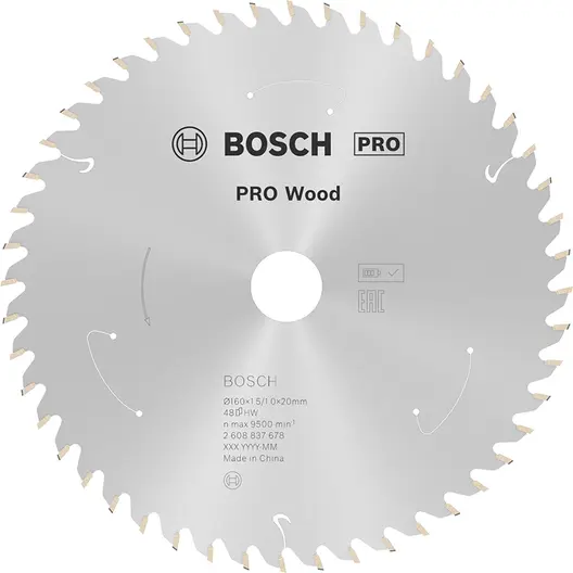 Диск карбиден за рязане Bosch на дърво  160 мм, 20 мм, 1 мм, 48 z, PRO Wood cordless