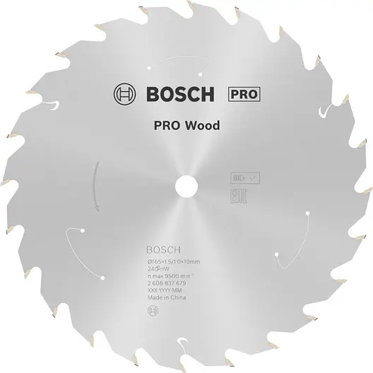 Диск карбиден за рязане Bosch на дърво  165 мм, 10 мм, 1 мм, 24 z, PRO Wood cordless