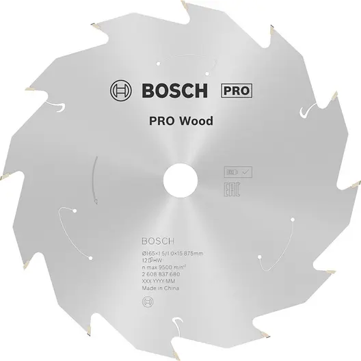 Диск карбиден за рязане Bosch на дърво  165 мм, 15.88 мм, 1 мм, 12 z, PRO Wood cordless