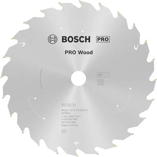 Диск карбиден за рязане Bosch на дърво  165 мм, 15.88 мм, 1 мм, 24 z, PRO Wood cordless