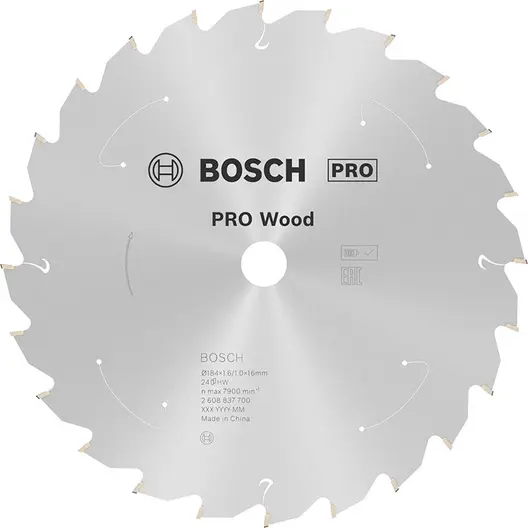 Диск карбиден за рязане Bosch на дърво  184 мм, 16 мм, 1 мм, 24 z, PRO Wood cordless