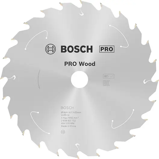 Диск карбиден за рязане Bosch на дърво  184 мм, 20 мм, 1.1 мм, 24 z, PRO Wood cordless