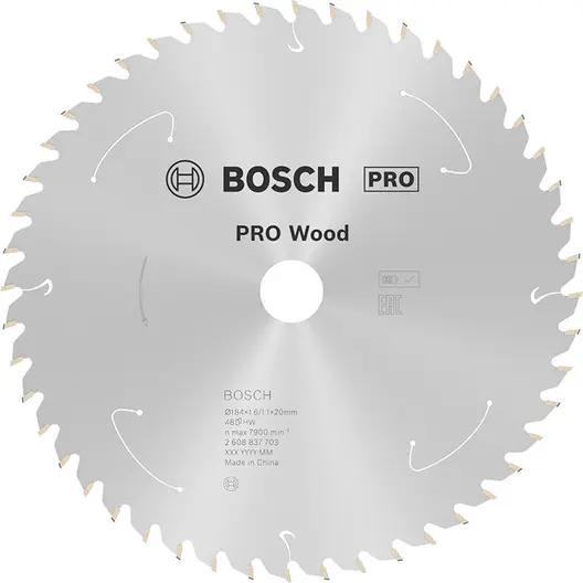 Диск карбиден за рязане Bosch на дърво  184 мм, 20 мм, 1.1 мм, 48 z, PRO Wood cordless
