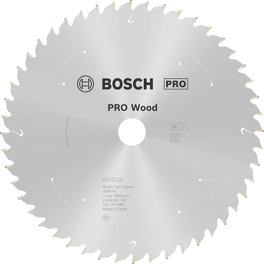 Диск карбиден за рязане Bosch на дърво  190 мм, 20 мм, 1.1 мм, 48 z, PRO Wood cordless
