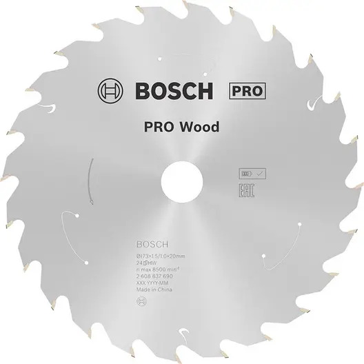 Диск карбиден за рязане Bosch на дърво  173 мм, 20 мм, 1 мм, 24 z, PRO Wood cordless