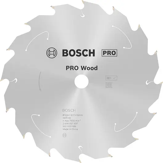Диск карбиден за рязане Bosch на дърво  184 мм, 16 мм, 1.1 мм, 16 z, PRO Wood cordless