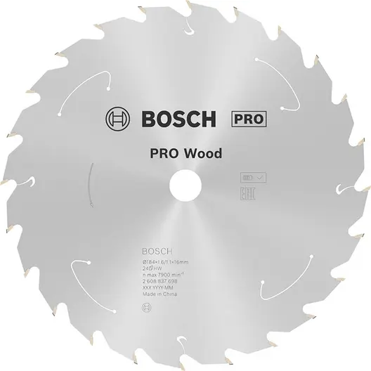 Диск карбиден за рязане Bosch на дърво  184 мм, 16 мм, 1.1 мм, 24 z, PRO Wood cordless