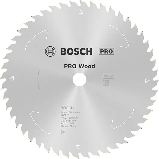 Диск карбиден за рязане Bosch на дърво  184 мм, 16 мм, 1.1 мм, 48 z, PRO Wood cordless