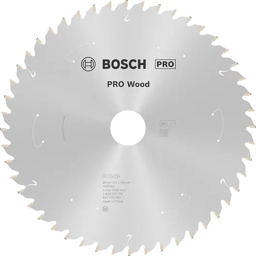 Диск карбиден за рязане Bosch на дърво  216 мм, 30 мм, 1.2 мм, 48 z, PRO Wood cordless