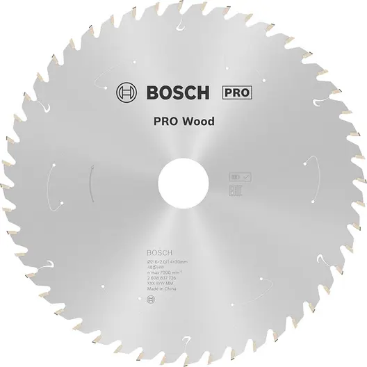 Диск карбиден за рязане Bosch на дърво  216 мм, 30 мм, 1.4 мм, 48 z, PRO Wood cordless