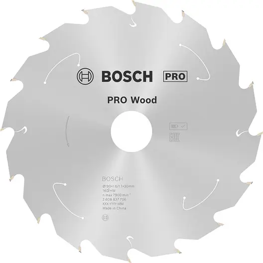 Диск карбиден за рязане Bosch на дърво  190 мм, 30 мм, 1.1 мм, 16 z, PRO Wood cordless