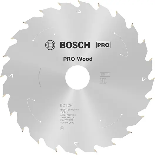 Диск карбиден за рязане Bosch на дърво  190 мм, 30 мм, 1.1 мм, 24 z, PRO Wood cordless