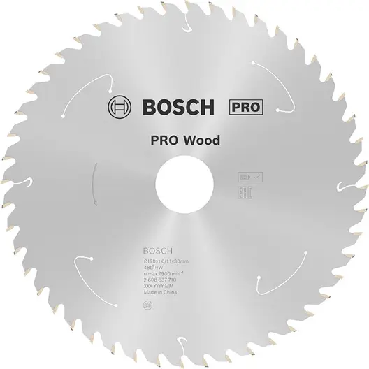Диск карбиден за рязане Bosch на дърво  190 мм, 30 мм, 1.1 мм, 48 z, PRO Wood cordless