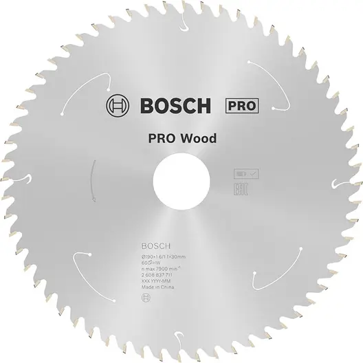 Диск карбиден за рязане Bosch на дърво  190 мм, 30 мм, 1.1 мм, 60 z, PRO Wood cordless