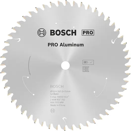 Диск карбиден за рязане Bosch на алуминий  150 мм, 10 мм, 1.3 мм, 52 z, PRO Aluminium cordless