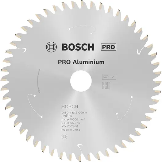 Диск карбиден за рязане Bosch на алуминий  150 мм, 20 мм, 1.3 мм, 52 z, PRO Aluminium cordless