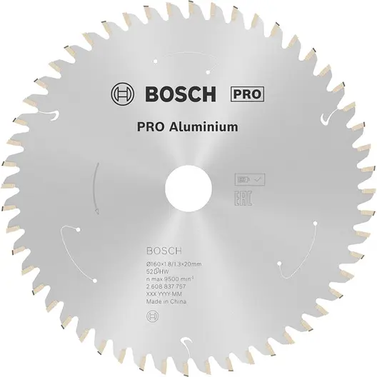 Диск карбиден за рязане Bosch на алуминий  160 мм, 20 мм, 1.3 мм, 52 z, PRO Aluminium cordless