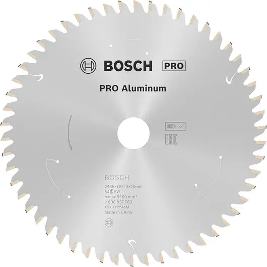 Диск карбиден за рязане Bosch на алуминий  165 мм, 20 мм, 1.3 мм, 54 z, PRO Aluminium cordless