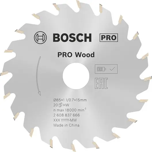 Диск карбиден за рязане Bosch на дърво  85 мм, 15 мм, 0.7 мм, 20 z, PRO Wood cordless