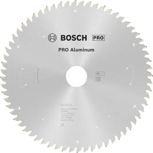 Диск карбиден за рязане Bosch на алуминий  216 мм, 30 мм, 1.6 мм, 64 z, PRO Aluminium cordless