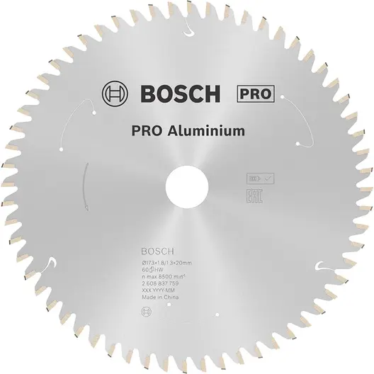 Диск карбиден за рязане Bosch на алуминий  173 мм, 20 мм, 1.3 мм, 60 z, PRO Aluminium cordless