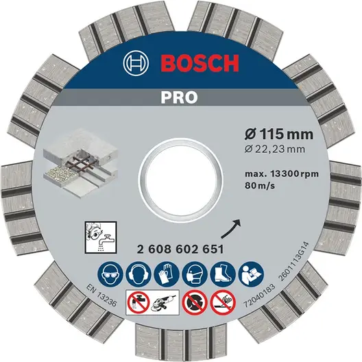 Диск диамантен за мокро рязане Bosch на бетон и армиран бетон  115 мм, 22.23 мм, 2.2 мм, PRO Concrete