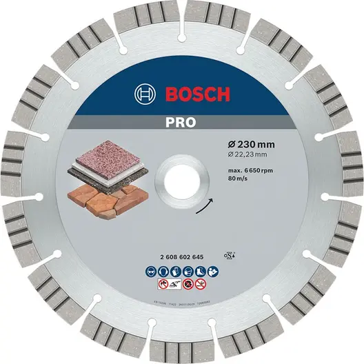 Диск диамантен за сухо рязане Bosch на гранит, мрамор и скални материали  230 мм, 22.23 мм, 2.4 мм, PRO Stone
