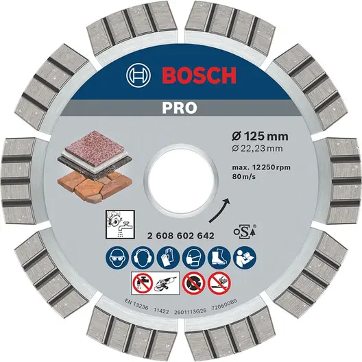 Диск диамантен за сухо рязане Bosch на гранит, мрамор и скални материали  125 мм, 22.23 мм, 2.2 мм, PRO Stone