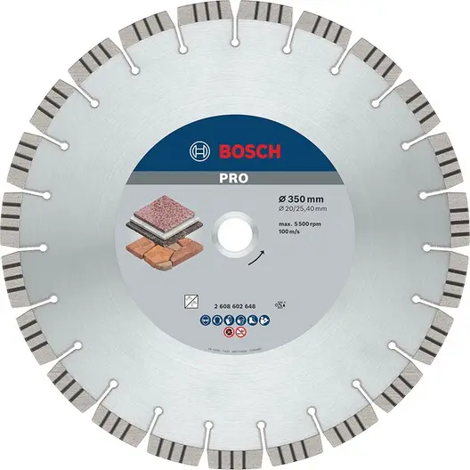 Диск диамантен за сухо рязане Bosch на гранит, мрамор и скални материали  350 мм, 20/25.4 мм, 3.2 мм, PRO Stone