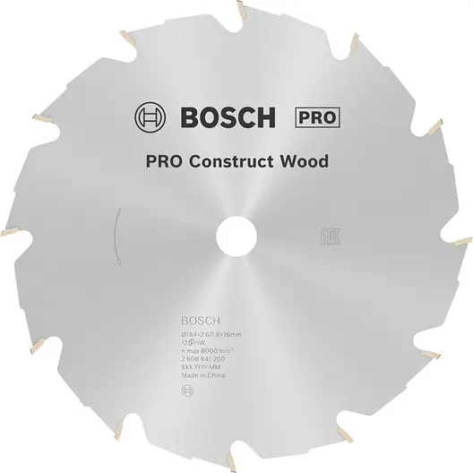 Диск циркулярен за рязане Bosch на дърво грубо с HM пластини  184 мм, 16 мм, 1.6 мм, 12 z, PRO Construct Wood