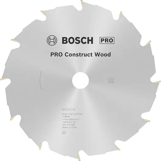 Диск циркулярен за рязане Bosch на дърво грубо с HM пластини  190 мм, 20 мм, 1.6 мм, 12 z, PRO Construct Wood