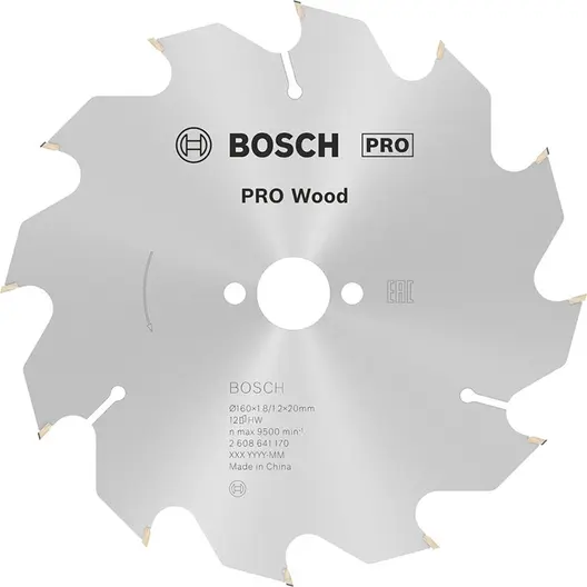 Диск циркулярен за рязане Bosch на дърво напречно надлъжно с HM пластини  160 мм, 20/16 мм, 1.2 мм, 12 z, PRO Wood