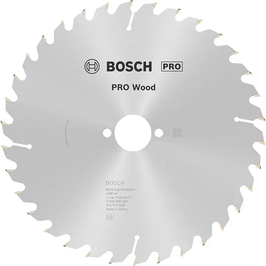 Диск циркулярен за рязане Bosch на дърво напречно надлъжно с HM пластини  216 мм, 30 мм, 1.6 мм, 34 z, PRO Wood