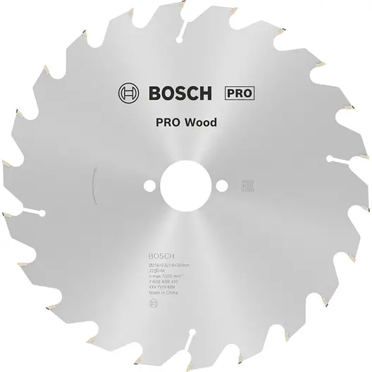 Диск циркулярен за рязане Bosch на дърво напречно надлъжно с HM пластини  216 мм, 30 мм, 1.6 мм, 22 z, PRO Wood