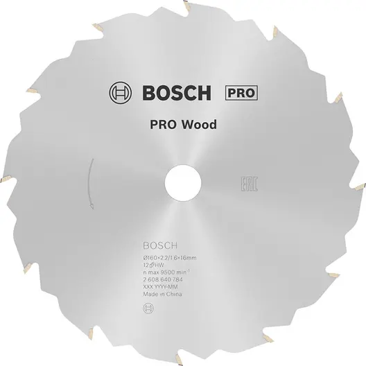 Диск циркулярен за рязане Bosch на дърво напречно надлъжно с HM пластини  160 мм, 16 мм, 1.6 мм, 12 z, PRO Wood