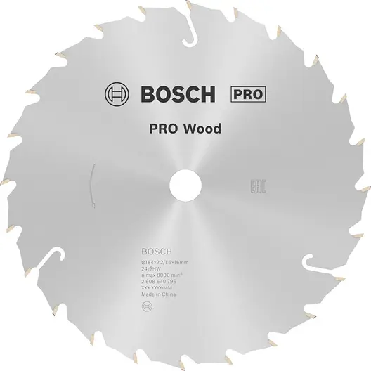 Диск циркулярен за рязане Bosch на дърво напречно надлъжно с HM пластини  184 мм, 16 мм, 1.6 мм, 24 z, PRO Wood
