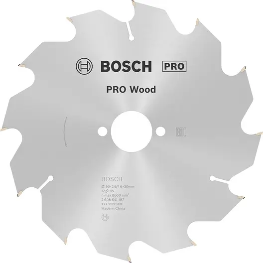 Диск циркулярен за рязане Bosch на дърво напречно надлъжно с HM пластини  190 мм, 30 мм, 1.6 мм, 12 z, PRO Wood