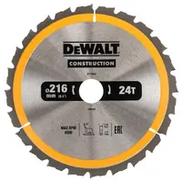 Диск циркулярен за рязане DeWALT на дърво напречно надлъжно с HM пластини  216 мм, 30 мм, 2.6 мм, 24 z, Construction