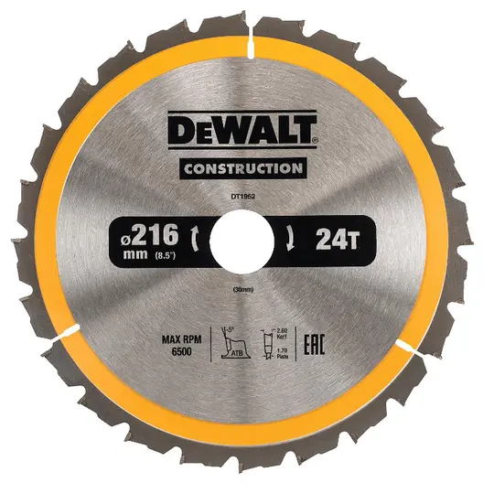 Диск циркулярен за рязане DeWALT на дърво напречно надлъжно с HM пластини  216 мм, 30 мм, 2.6 мм, 24 z, Construction