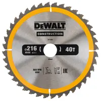 Диск циркулярен за рязане DeWALT на дърво фино напречно надлъжно с HM пластини  216 мм, 30 мм, 2.6 мм, 40 z, Construction