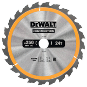 Диск циркулярен за рязане DeWALT на дърво напречно надлъжно с HM пластини  250 мм, 30 мм, 3 мм, 24 z, Construction - product - 095 DWA 107