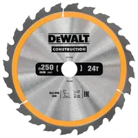 Диск циркулярен за рязане DeWALT на дърво напречно надлъжно с HM пластини  250 мм, 30 мм, 3 мм, 24 z, Construction
