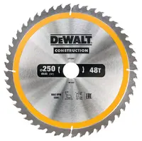 Диск циркулярен за рязане DeWALT на дърво фино напречно надлъжно с HM пластини  250 мм, 30 мм, 3 мм, 48 z, Construction