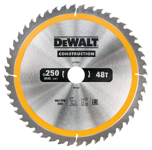 Диск циркулярен за рязане DeWALT на дърво фино напречно надлъжно с HM пластини  250 мм, 30 мм, 3 мм, 48 z, Construction