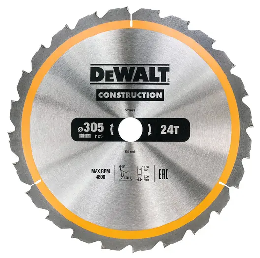 Диск циркулярен за рязане DeWALT на дърво напречно надлъжно с HM пластини  305 мм, 30 мм, 3 мм, 24 z, Construction