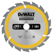 Диск циркулярен за рязане DeWALT на дърво напречно надлъжно с HM пластини  165 мм, 20 мм, 2.4 мм, 18 z, Construction - product - 095 DWA 100