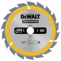 Диск циркулярен за рязане DeWALT на дърво напречно надлъжно с HM пластини  165 мм, 20 мм, 2.4 мм, 18 z, Construction