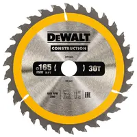 Диск циркулярен за рязане DeWALT на дърво напречно надлъжно с HM пластини  165 мм, 20 мм, 2.4 мм, 30 z, Construction