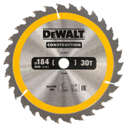 Диск циркулярен за рязане DeWALT на дърво напречно надлъжно с HM пластини  184 мм, 16 мм, 2.6 мм, 30 z, Construction - product - 095 DWA 102
